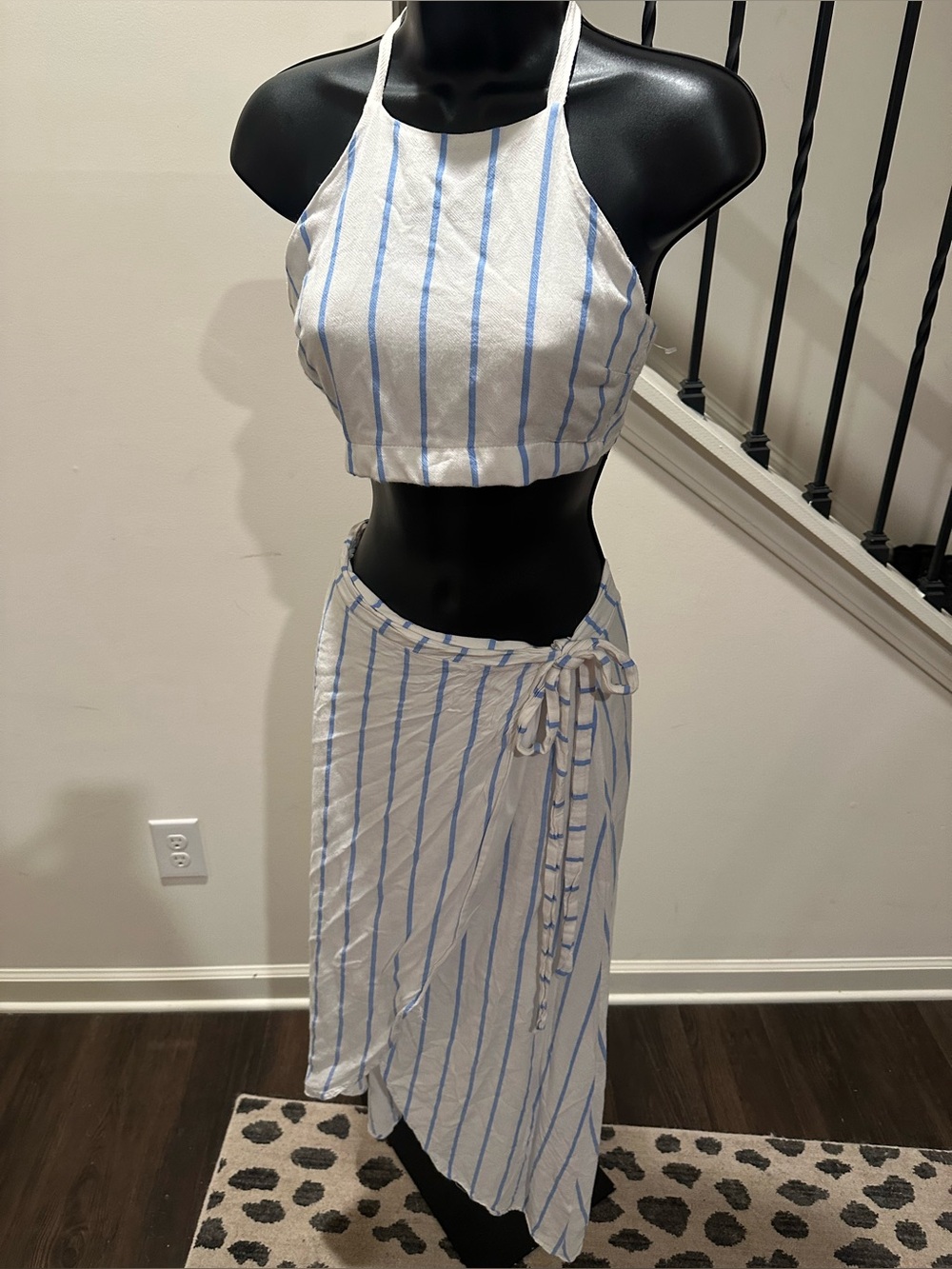 American Threads White and Blue Striped Wrap Skirt Set